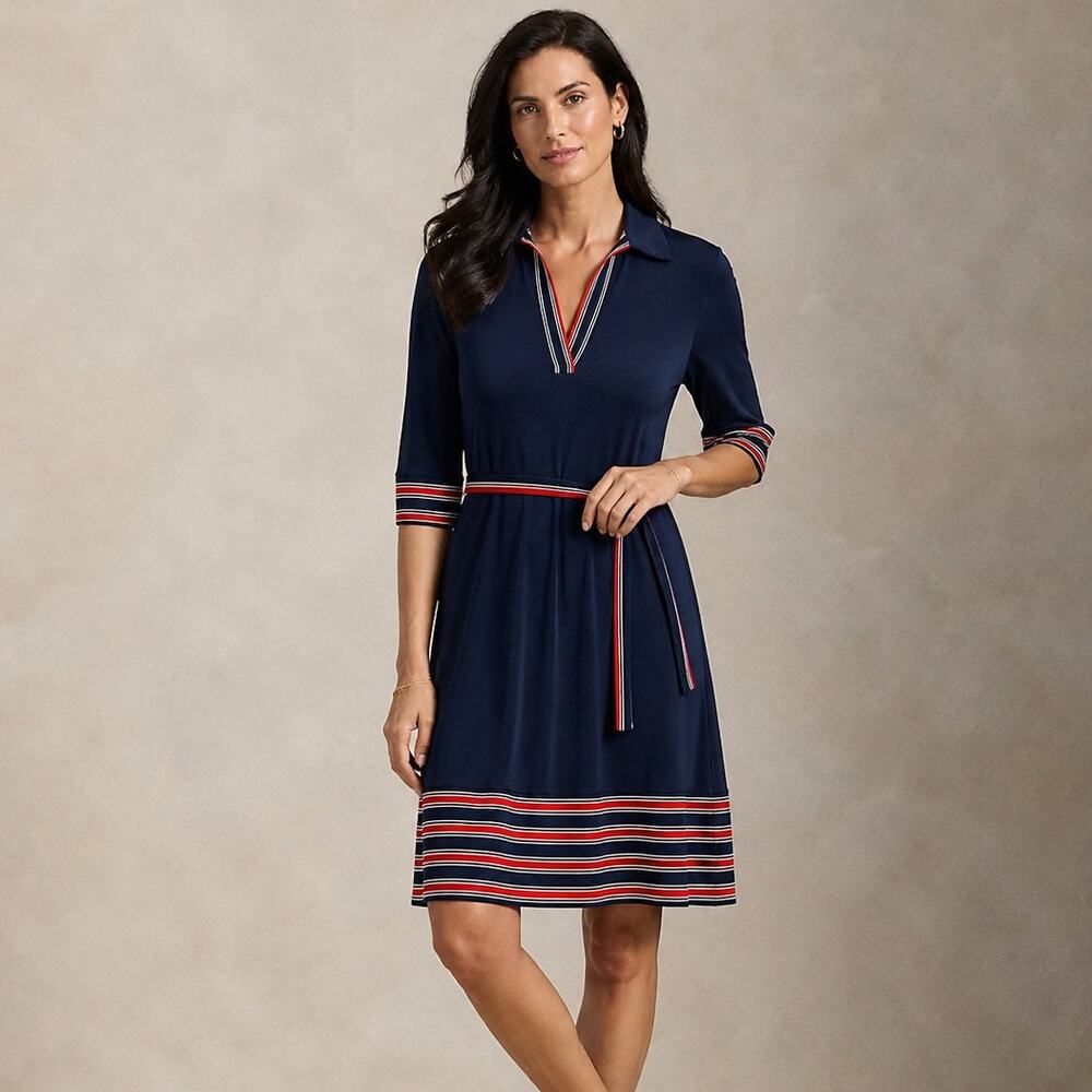 En Focus Studio Navy Red Stripe Trim Belted Polo Dress Size 14 NWT